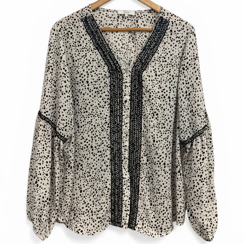Vince Cream Blouse with‎ polka dots Print and Lace Trim Size Large